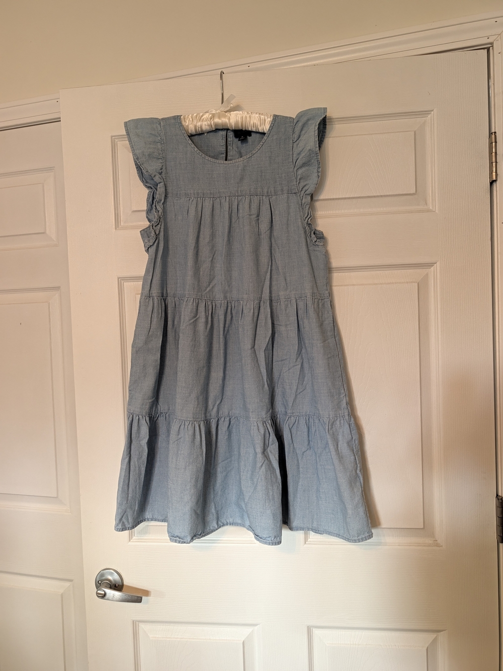 J. Crew Light Blue Tiered Chambray Dress with Flutter Sleeves